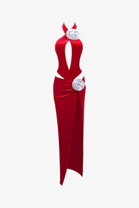 Red Velvet Rose Embellished Cutout Maxi Dress