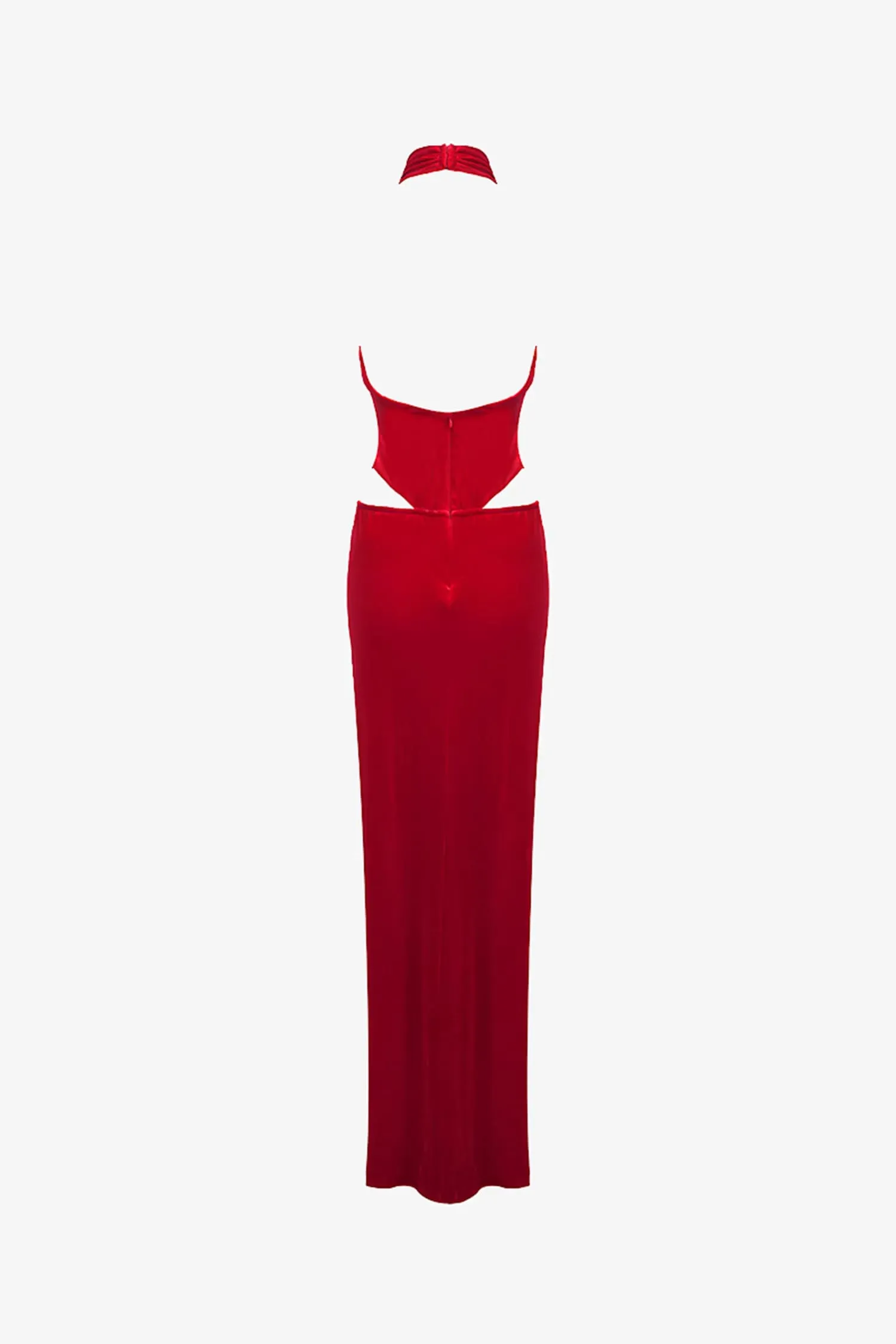 Red Velvet Rose Embellished Cutout Maxi Dress