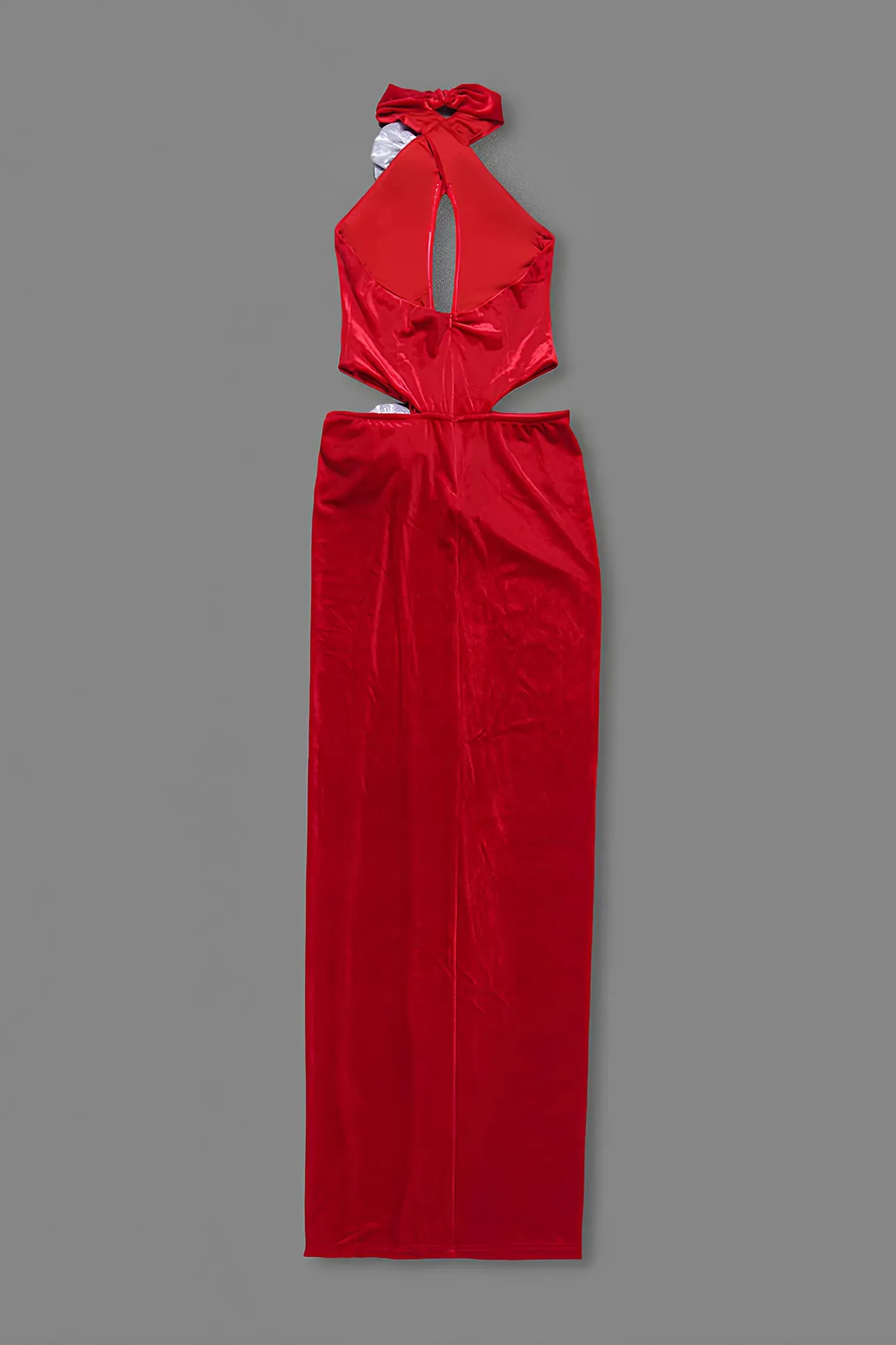 Red Velvet Rose Embellished Cutout Maxi Dress