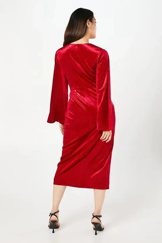 Red Wrap Waist Velvet Midi Dress Winter Wedding Guest Dresses