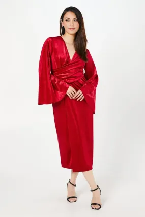 Red Wrap Waist Velvet Midi Dress Winter Wedding Guest Dresses