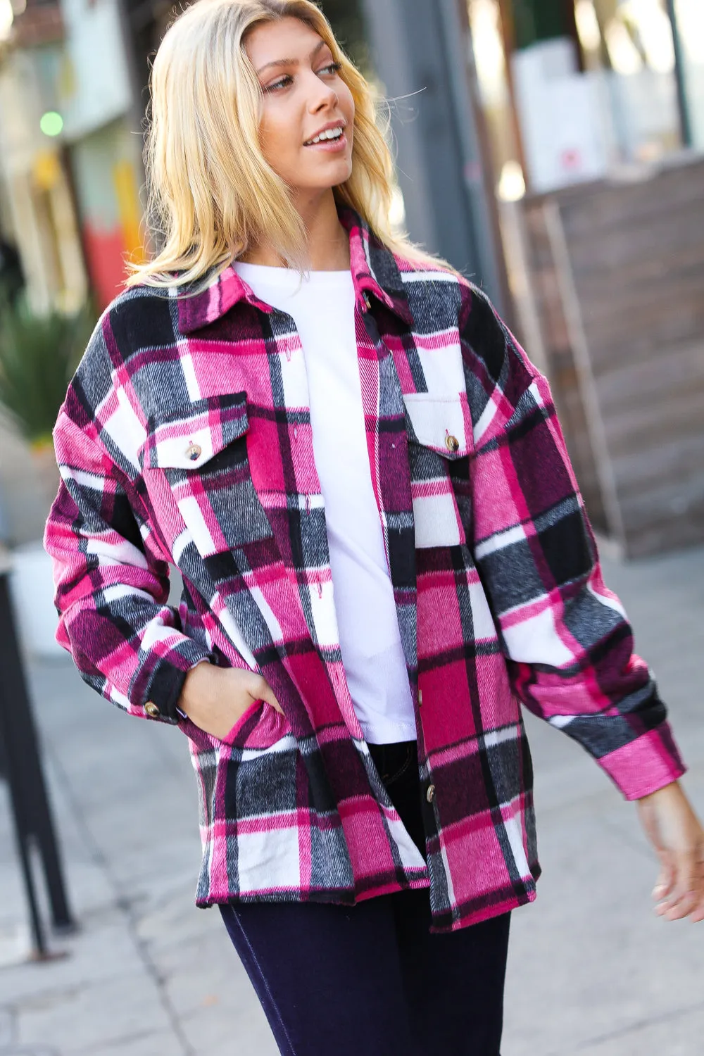 Sassy Fuchsia Plaid Flannel Button Down Shacket