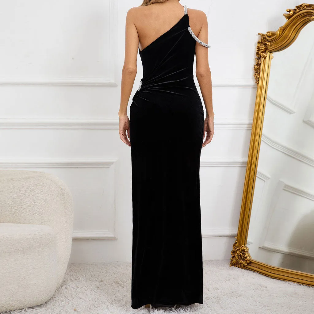 Sparkly Crystal One Shoulder CutOut High Split Velvet Maxi Evening Dress