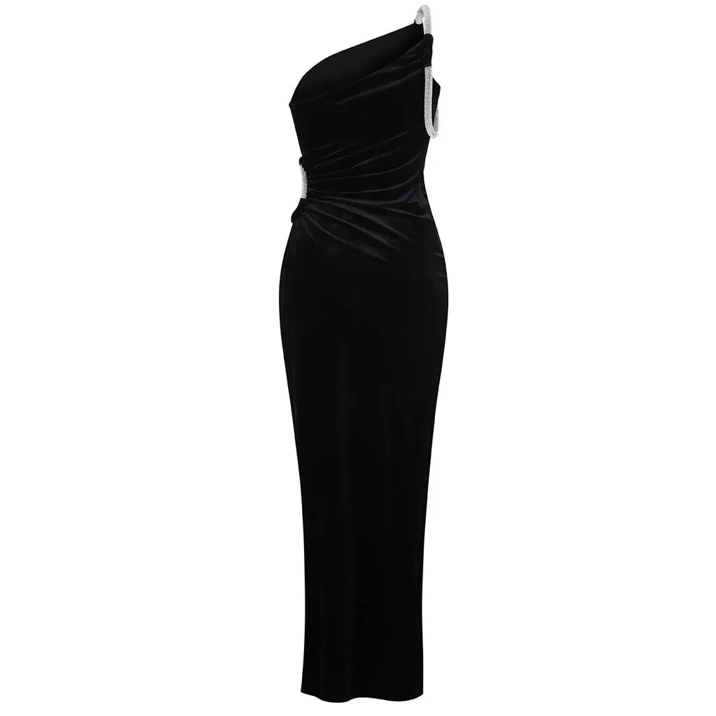 Sparkly Crystal One Shoulder CutOut High Split Velvet Maxi Evening Dress