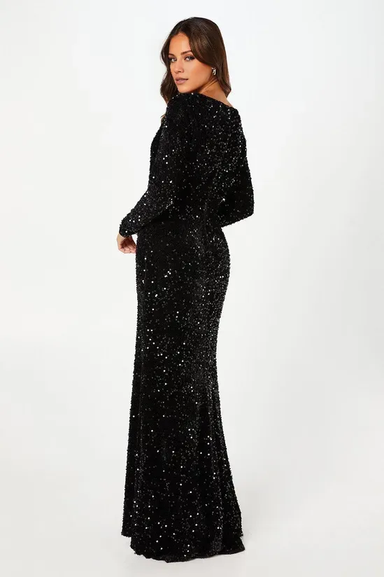 Square Neck Velvet Sequin Long Sleeve Gown Winter Wedding Guest Dresses Evening Dresses