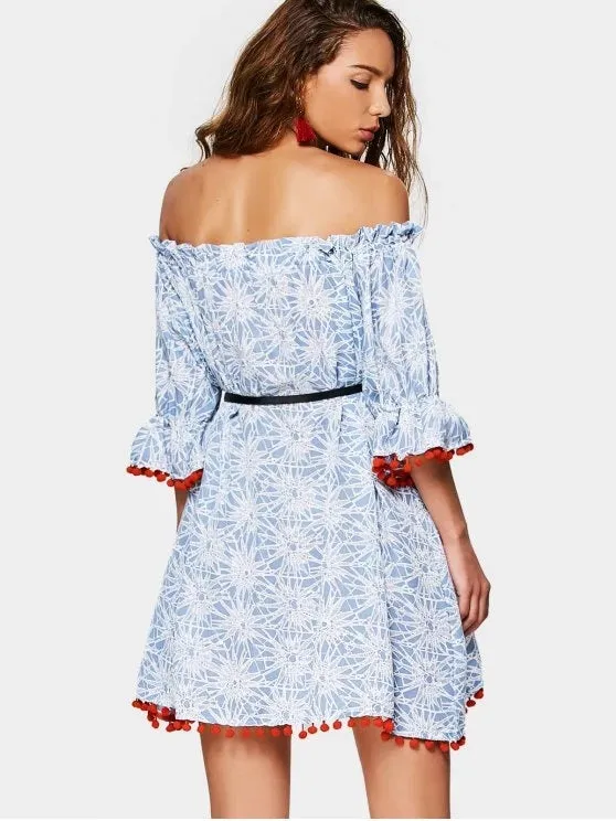 TastyHottie - Stunning Poms Printed Off Shoulder Trapeze Dress