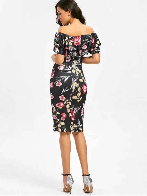 TastyHottie - Trendy Off Shoulder Tiered Flounce Flower Sheath Dress