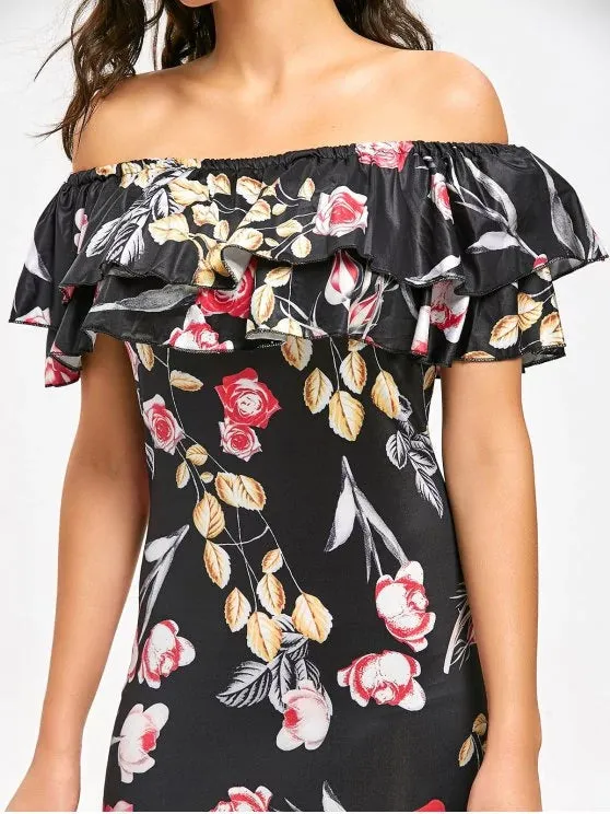 TastyHottie - Trendy Off Shoulder Tiered Flounce Flower Sheath Dress