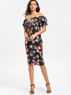 TastyHottie - Trendy Off Shoulder Tiered Flounce Flower Sheath Dress