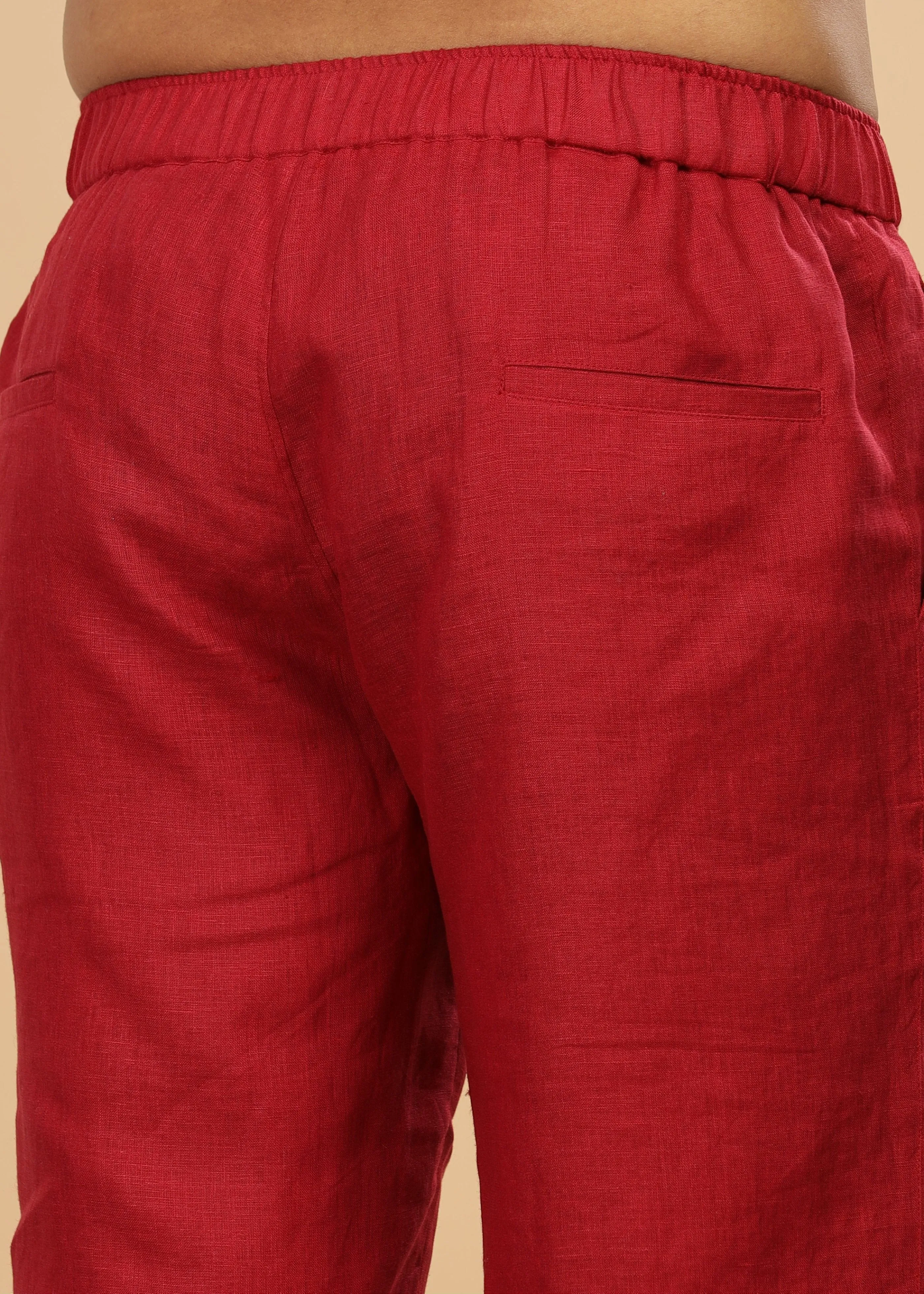 Trio Shorts - Pure Linen Shorts With Elastic Band - Mud Red