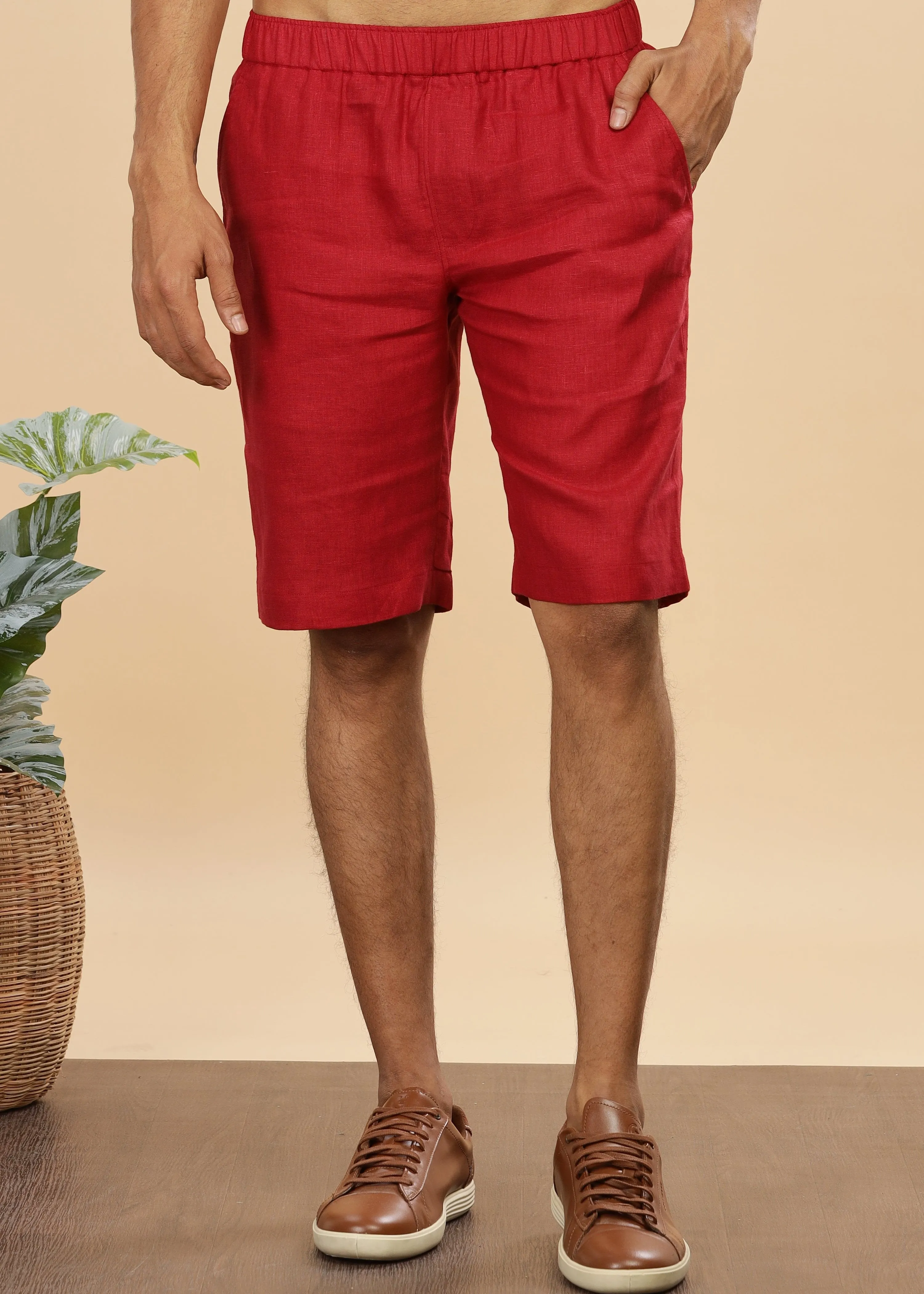 Trio Shorts - Pure Linen Shorts With Elastic Band - Mud Red