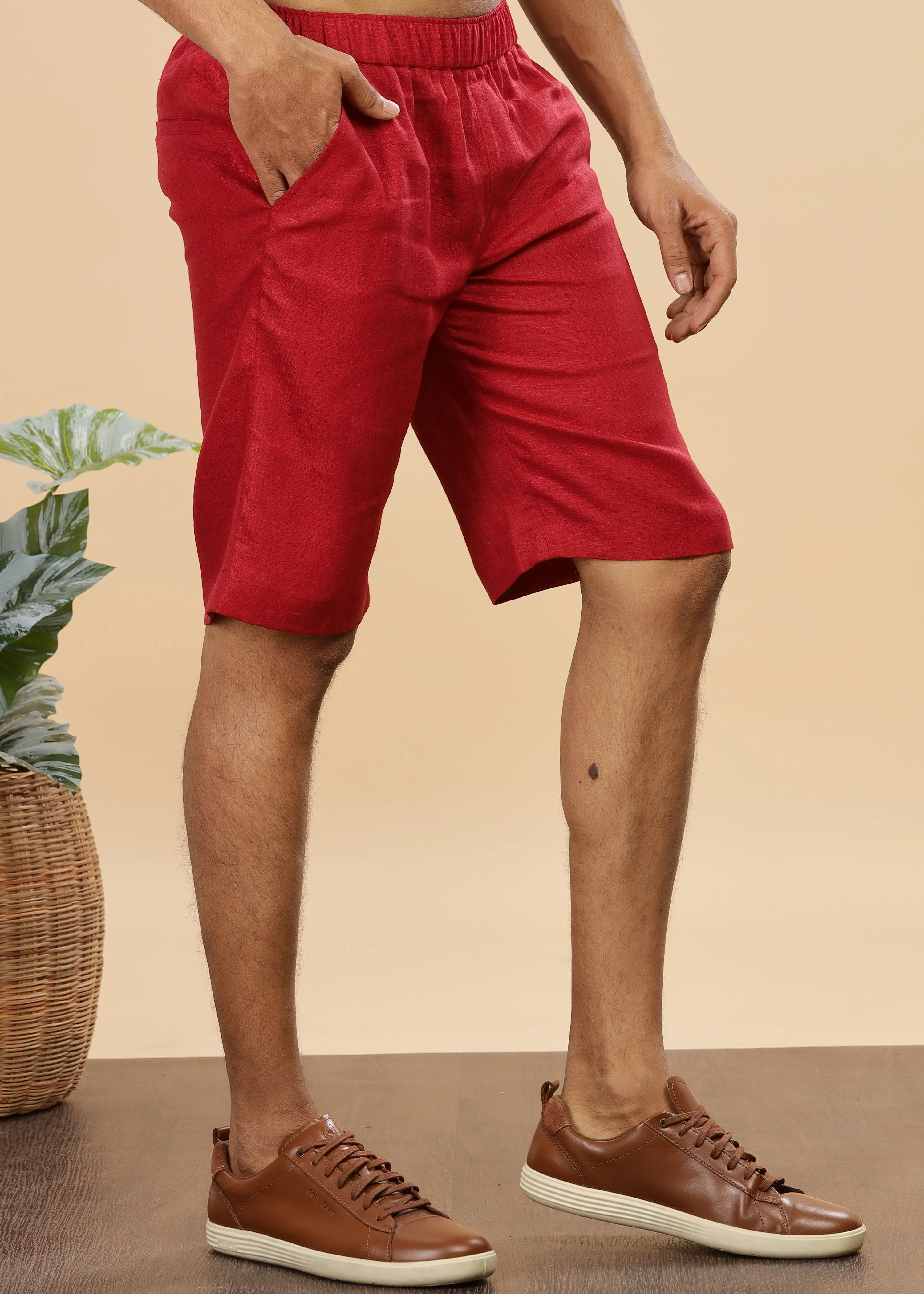 Trio Shorts - Pure Linen Shorts With Elastic Band - Mud Red