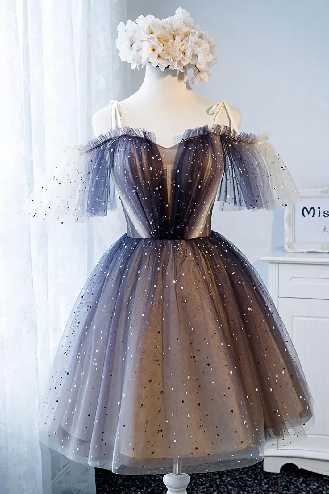 Unique Tulle Off The Shoulder Short Prom Dresses, Lace Up Homecoming Dresses