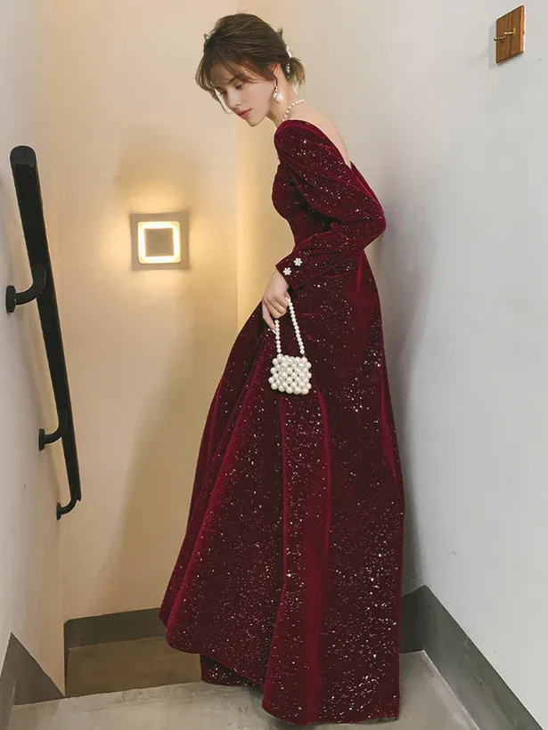 Velvet Long Sleeves A-line Long Formal Dress Prom Dresses Wedding Guest Party Dresses