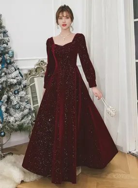 Velvet Long Sleeves A-line Long Formal Dress Prom Dresses Wedding Guest Party Dresses