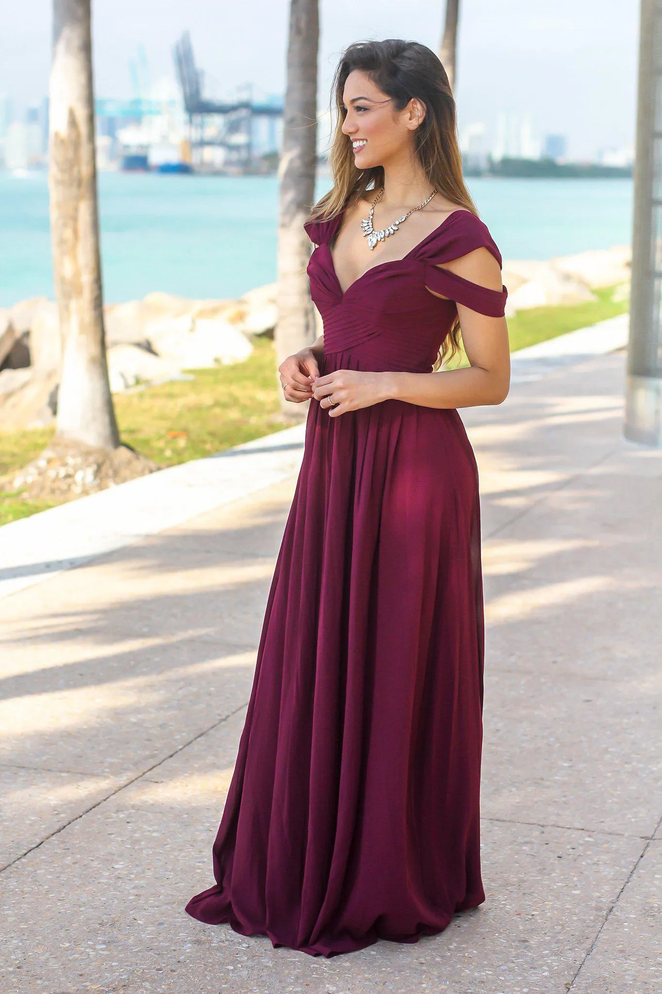 Wine Off Shoulder Maxi Dress