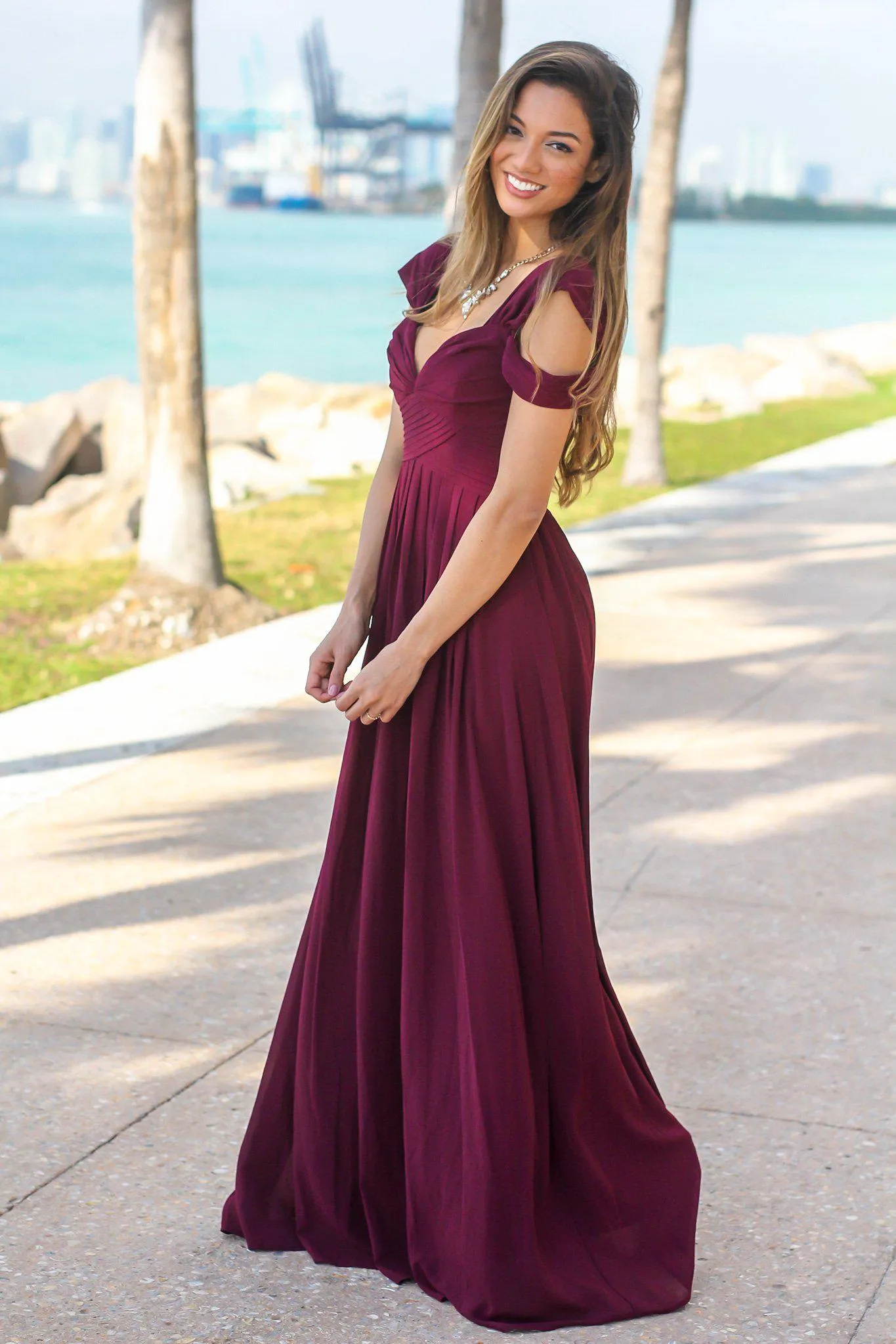 Wine Off Shoulder Maxi Dress