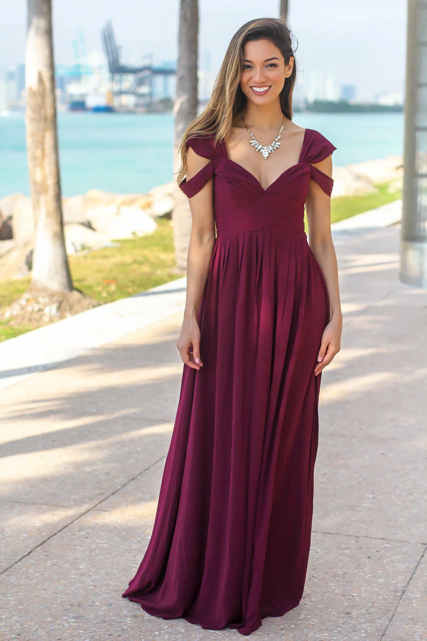 Wine Off Shoulder Maxi Dress