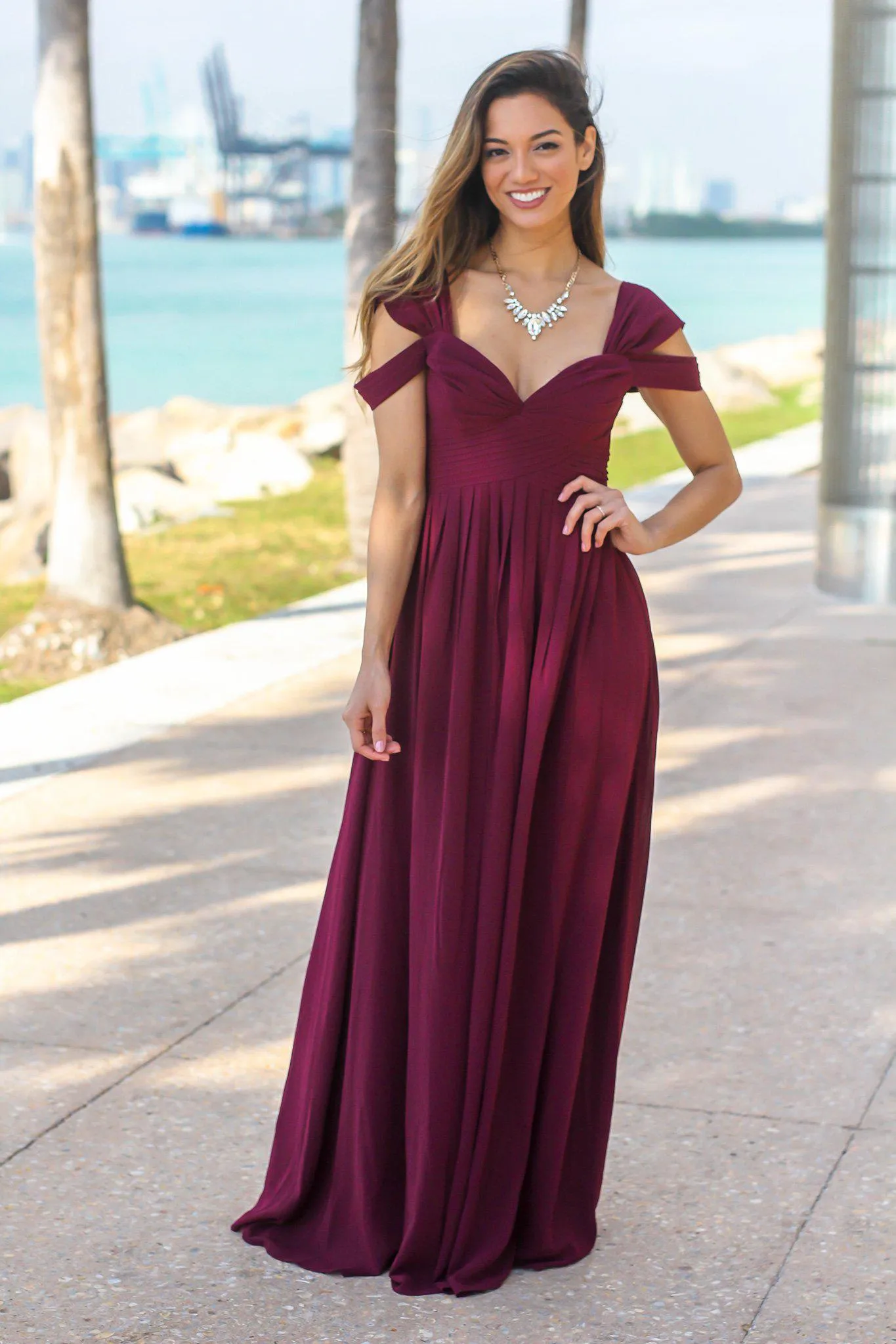 Wine Off Shoulder Maxi Dress