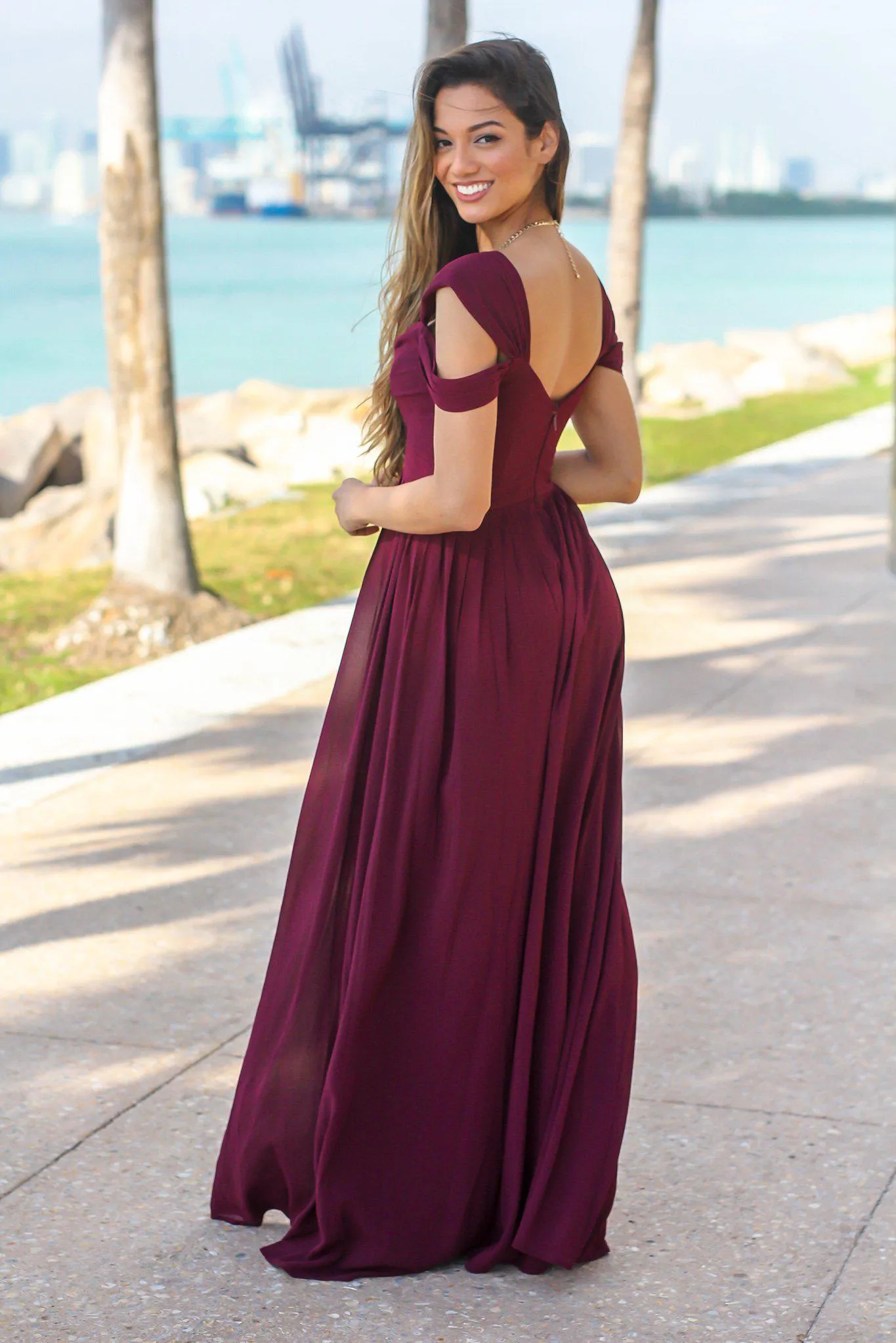 Wine Off Shoulder Maxi Dress