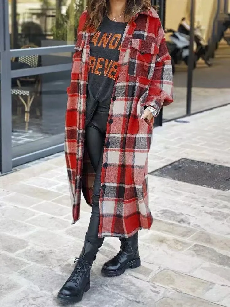 Women's Long Slit Woolen Plaid Trench Coats