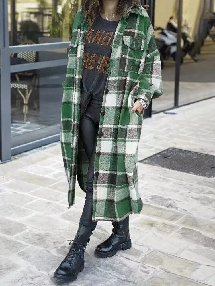 Women's Long Slit Woolen Plaid Trench Coats